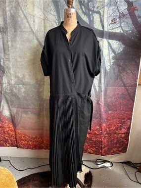 Zara Black Pleated Midi Shirt Dress with Side Tie Detail